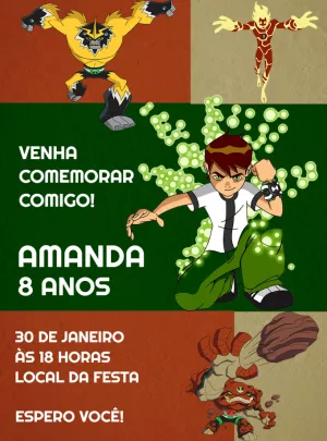 Convite de Aniversário Ben 10 com Personagens para Editar