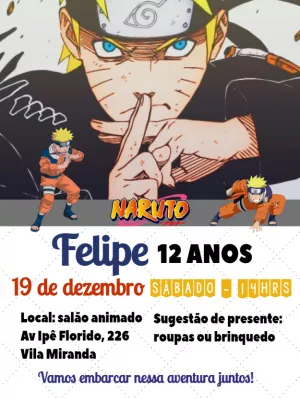 Convite de Aniversário Naruto com Personagem para Editar Online