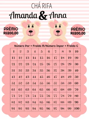 Chá Rifa Ursinhas Gêmeas Editável para Chá de Bebê