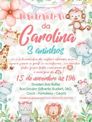 Convite de Aniversário Safari Menina com Animais para Editar