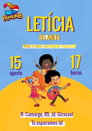 Convite Aniversário 3 Palavrinhas para Editar Online