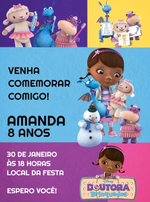 Convite Aniversário Doutora Brinquedos com Personagens para Editar