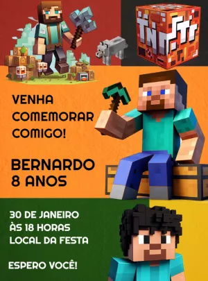 Convite Aniversário Minecraft com Personagens para Editar Online