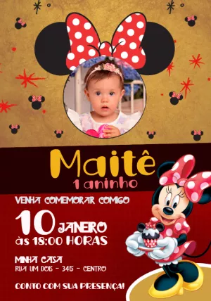 Convite Aniversário Minnie Mouse com Foto para Editar Online
