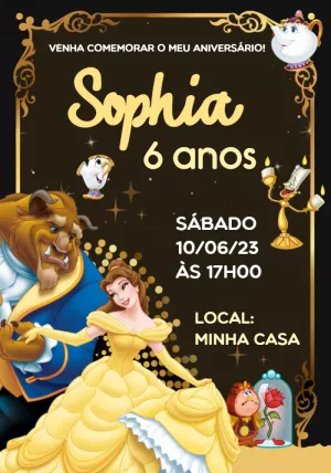 Convite de Aniversário A Bela e a Fera para Editar Online