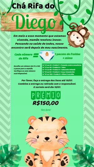 Convite Chá Rifa Safari com Animais para Editar Online