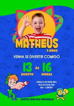 Convite Aniversário Gato Galáctico com Foto para Editar Online