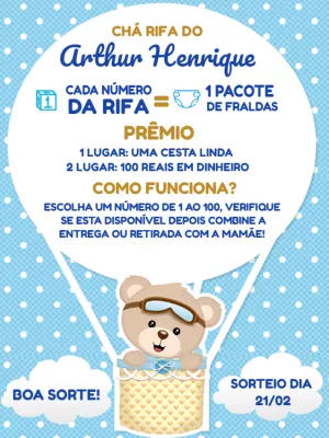 Convite Chá Rifa Ursinho Baloeiro para Editar Online