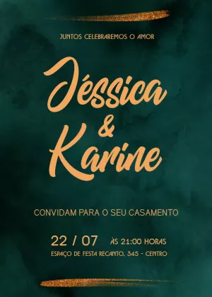 Convite de Casamento Verde e Dourado para Editar Online