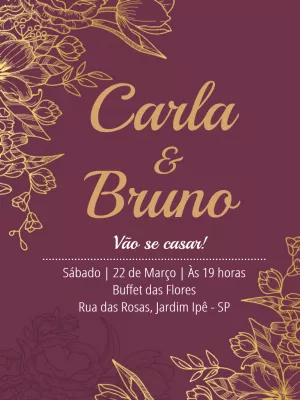 Convite de Casamento Magenta e Dourado Floral para Editar Online