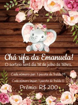 Convite Chá Rifa Elefantinha Floral para Editar Online