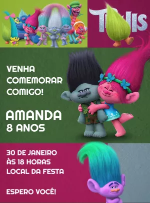Convite de Aniversário Trolls para Editar Online e Enviar