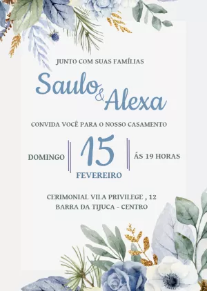 Convite de Casamento Floral Azul com Dourado para Editar Online