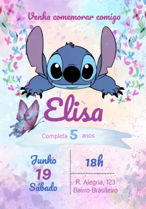 Convite de Aniversário Stitch e Borboletas para Editar Online