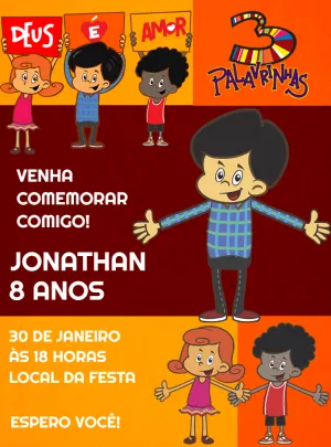 Convite Aniversário Três Palavrinhas com Personagens para Editar