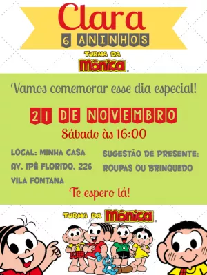 Invitation d'anniversaire Turma da Mônica – Statique – ig: @illustragio