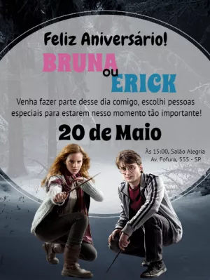 Convite de Aniversário Harry Potter com Personagens para Editar