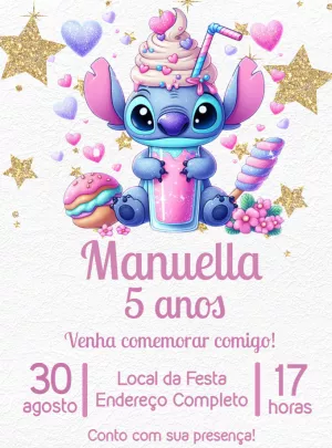 Convite de Aniversário Stitch Rosa para Editar Online
