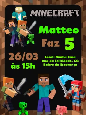 Convite Aniversário Minecraft com Personagens para Editar Online