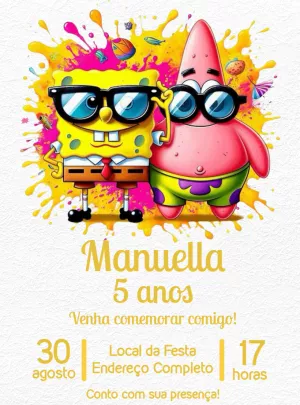 Convite de Aniversário Bob Esponja e Patrick para Editar Online