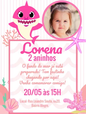 Convite Aniversário Baby Shark Rosa com Foto para Editar