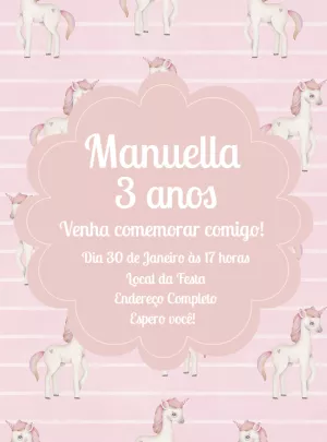 Convite Aniversário Unicórnio Rosa para Editar Online