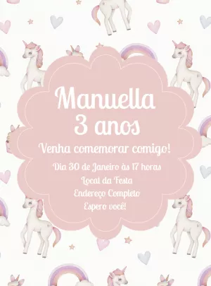 Convite Aniversário Unicórnio Aquarela para Editar Online