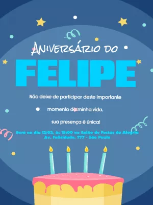 Convite de Aniversário Azul com Estrelas e Bolo para Editar