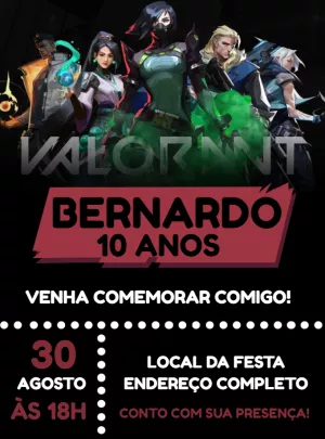 Convite de Aniversário Valorant com Personagens para Editar Online