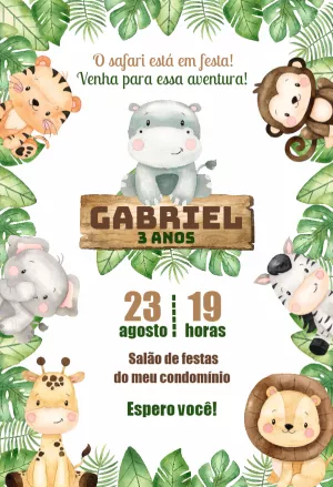 Convite de Aniversário Safari com Animais para Editar Online