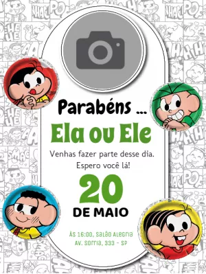 Convite de Aniversário Turma da Mônica com Foto para Editar