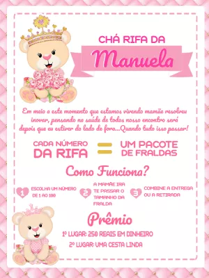 Rifa Chá de Bebê Ursinha Princesa Editável Online