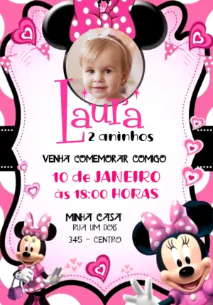 Convite Aniversário Minnie Rosa com Foto para Editar Online