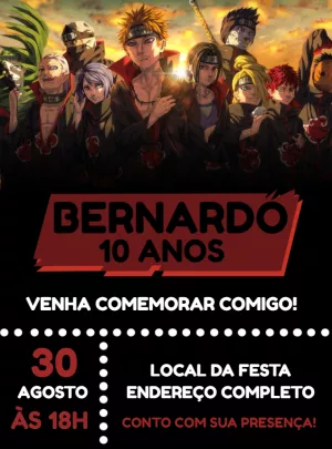 Convite de Aniversário Akatsuki Naruto para Editar Online