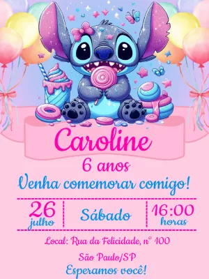 Convite de Aniversário Stitch Rosa para Editar Online