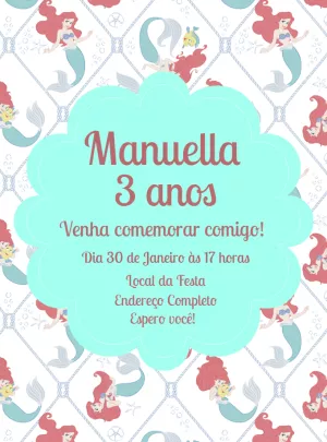 Convite de Aniversário Ariel a Pequena Sereia para Editar