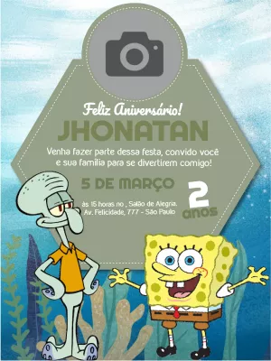 Convite Aniversário Bob Esponja com Foto para Editar Online
