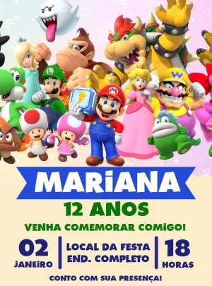 Convite de Aniversário Super Mario Bros Editável com Personagens