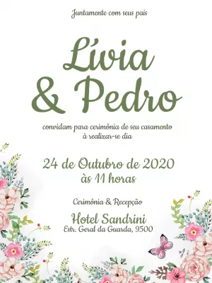 Convite de Casamento Floral com Borboletas para Editar Online