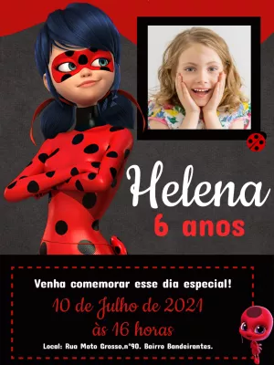 Convite Aniversário Ladybug Miraculous com Foto para Editar