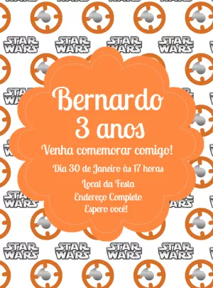 Convite de Aniversário Star Wars BB8 para Editar Online