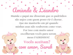 Convite Padrinhos Batismo Ursinha Princesa para Editar Online