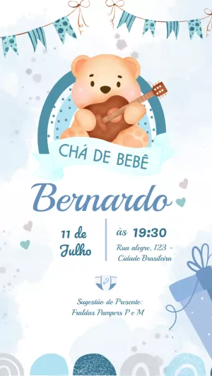 Convite Chá de Bebê Ursinho Músico para Editar Online