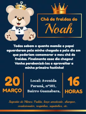 Convite Chá de Fraldas Ursinho Príncipe para Editar Online