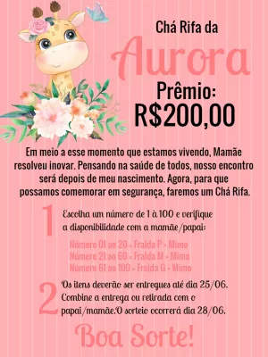 Convite Chá Rifa Girafinha Rosa para Editar Online