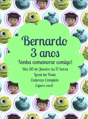 Convite de Aniversário Monstros SA com Personagens para Editar