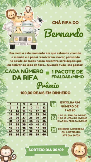 Convite Chá Rifa Safari com Animais para Editar Online