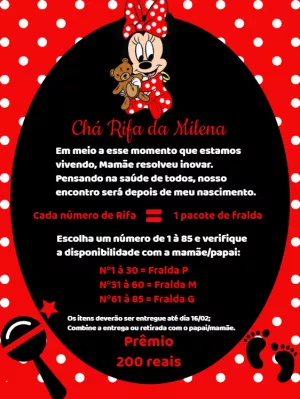 Convite Chá Rifa Minnie Mouse Vermelha para Editar Online