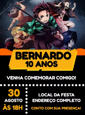 Convite de Aniversário Demon Slayer com Personagens para Editar
