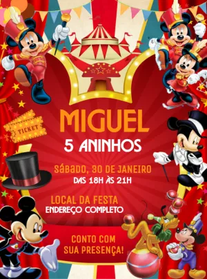 Convite Aniversário Circo do Mickey para Editar Online